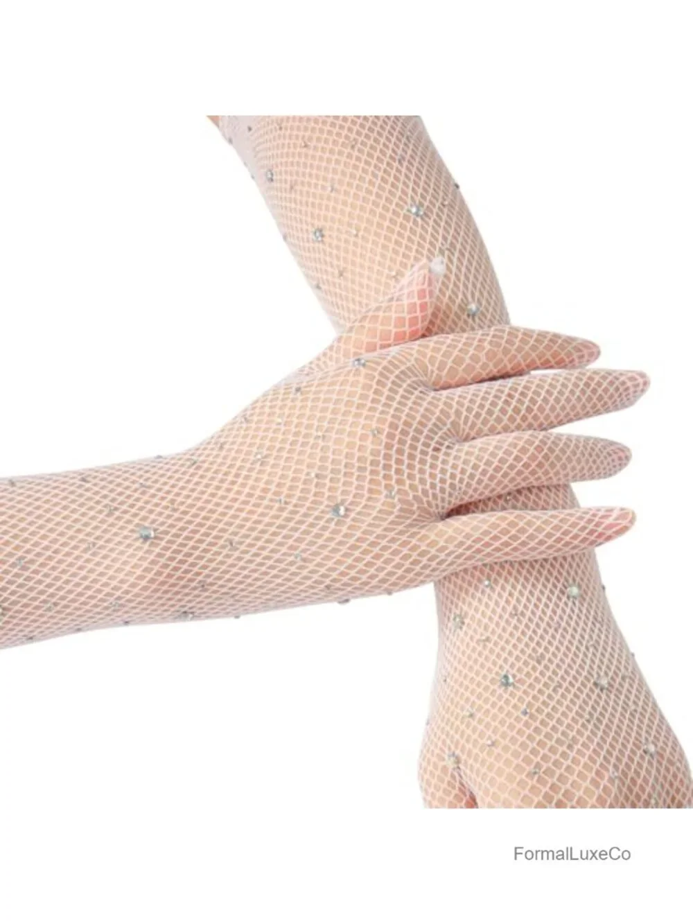Rhinestone Fishnet Long Gloves - Sparkly Mesh Elbow Length for Parties, Weddings